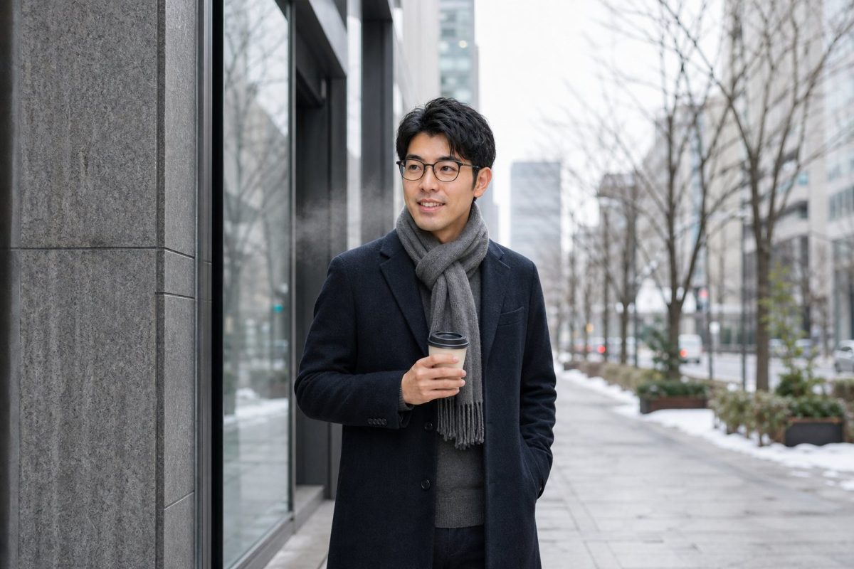 マフラーを巻いた冬のメガネの男性