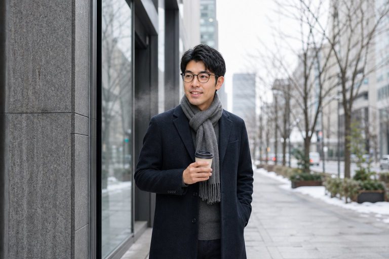 マフラーを巻いた冬のメガネの男性