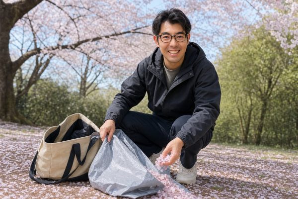 桜の花びらを掃除する男性