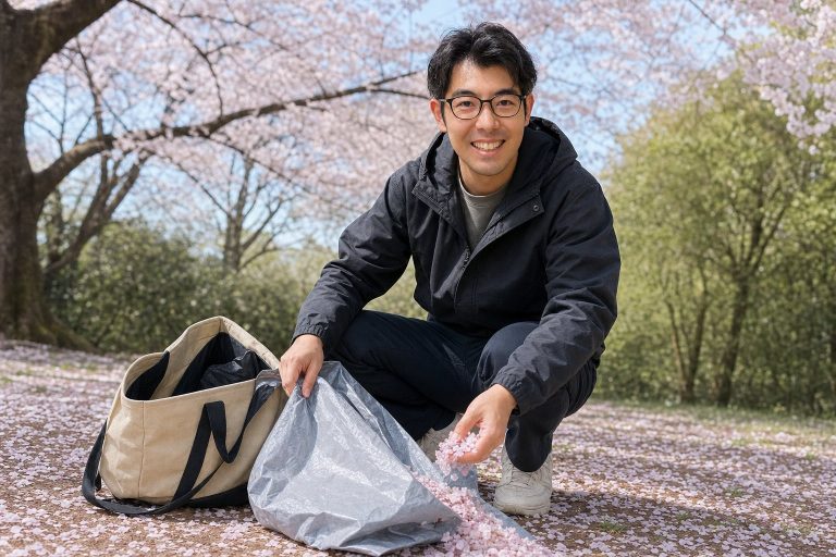 桜の花びらを掃除する男性