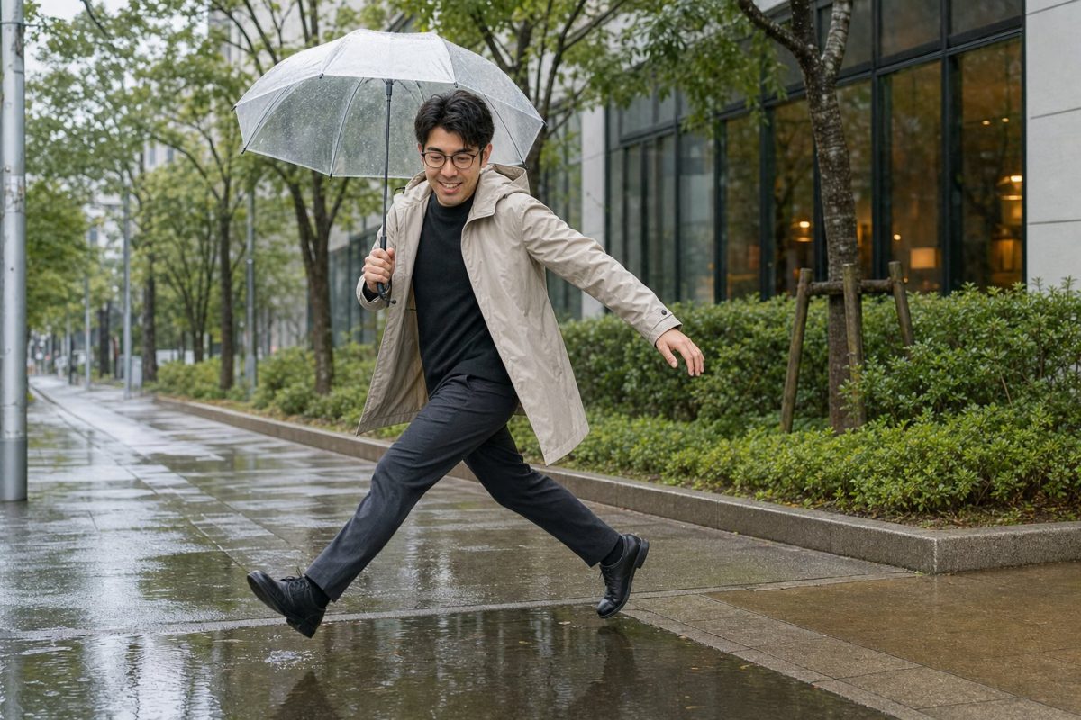 雨上がりの水たまりをまたぐ男性