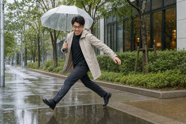 雨上がりの水たまりをまたぐ男性