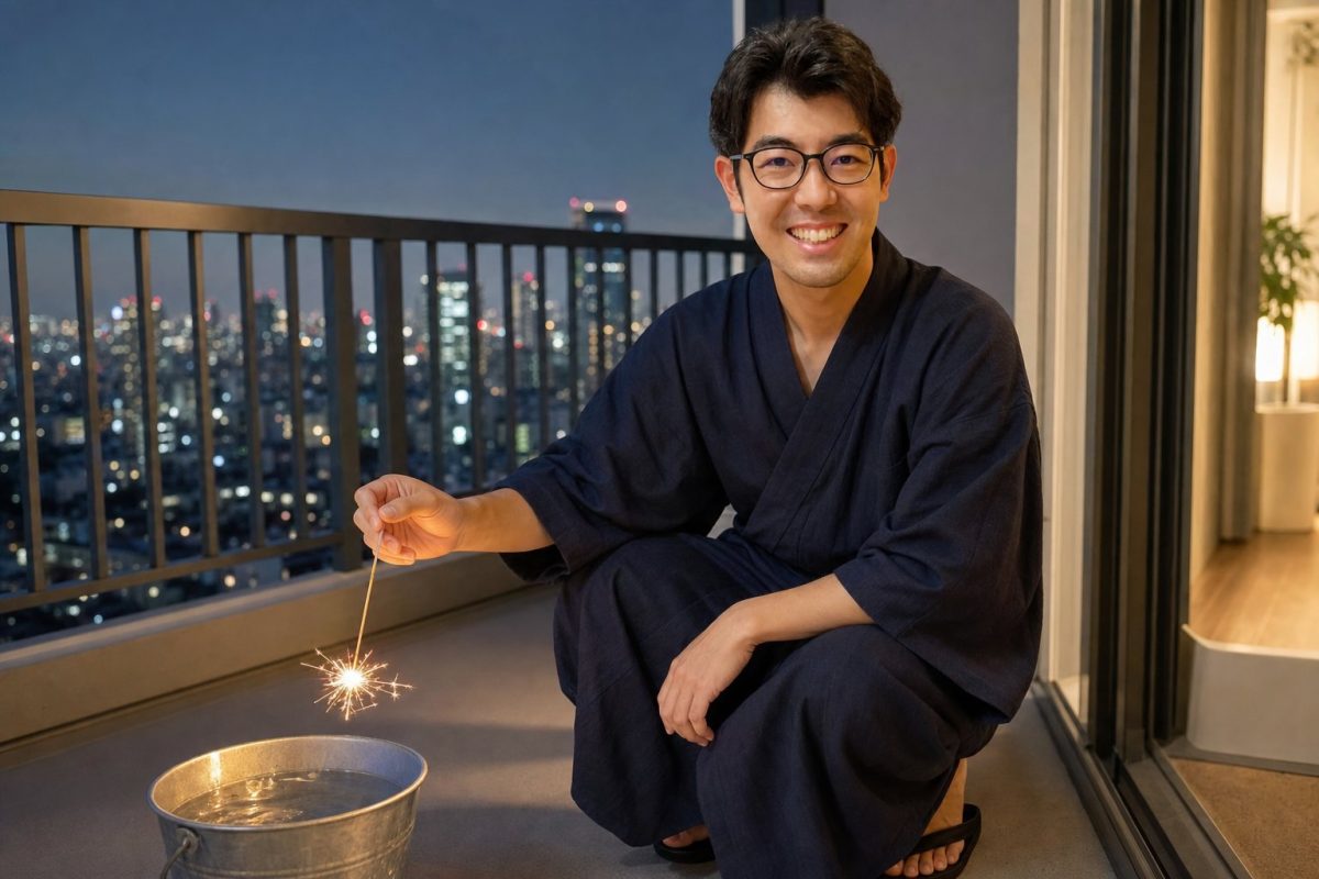 ベランダで線香花火を楽しむ男性