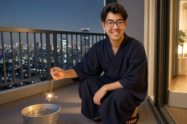 ベランダで線香花火を楽しむ男性