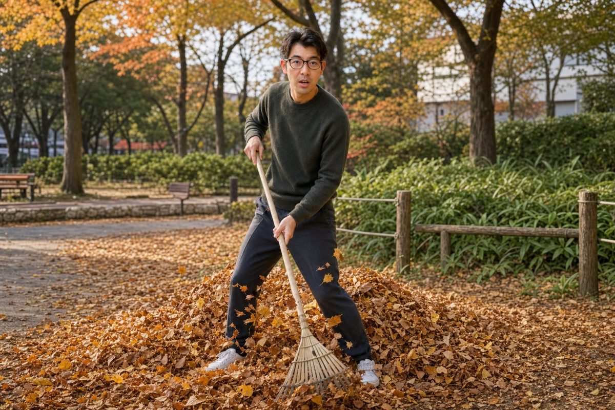 落ち葉の山を集める男性