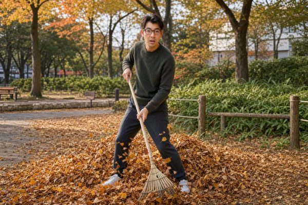 落ち葉の山を集める男性