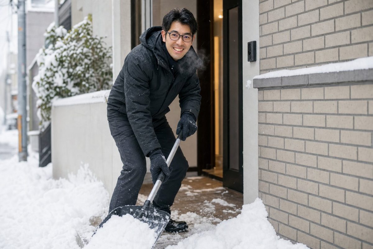 雪かきに励む男性