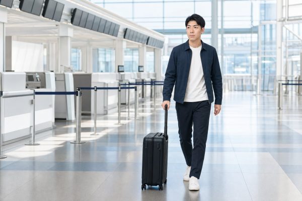 空港でスーツケースを引く男性
