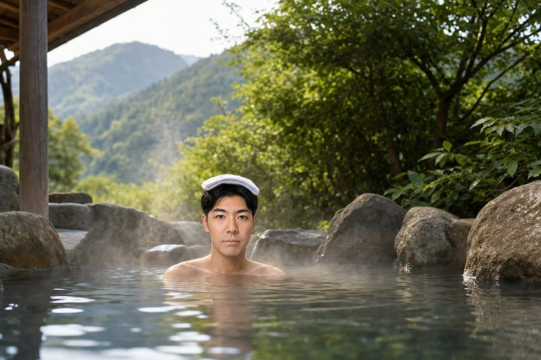 露天風呂に浸かる男性