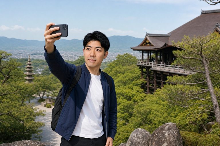 観光地でスマホ自撮りする男性