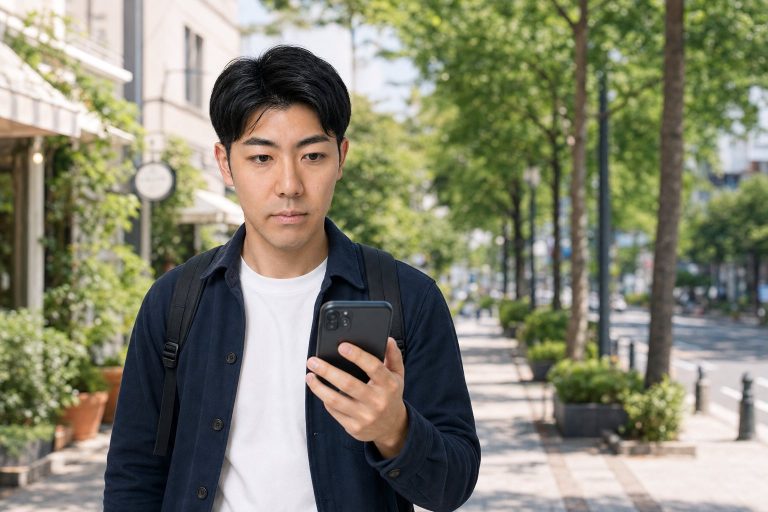 スマホの地図で道を確認する男性