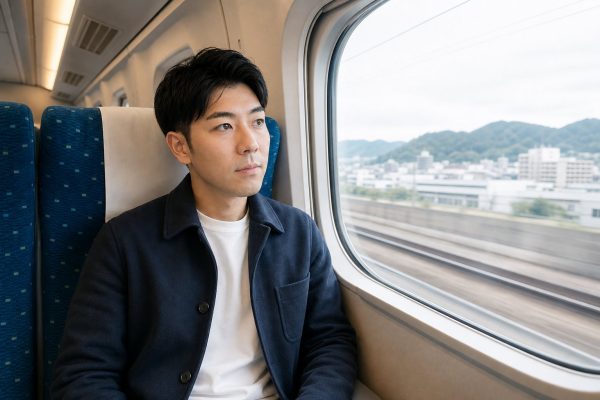 新幹線の車窓を眺める男性