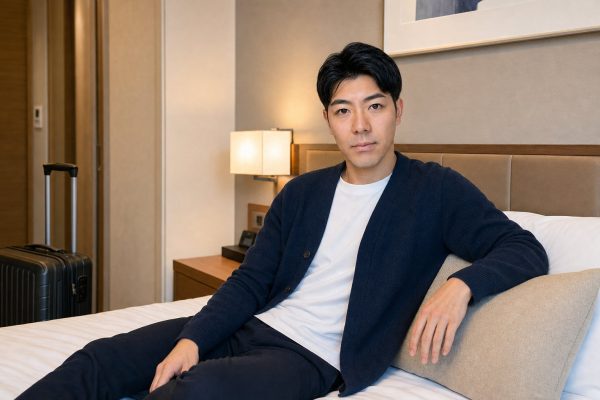 ホテルの部屋でくつろぐ男性