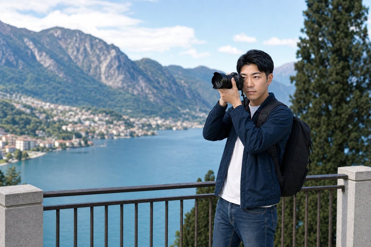 カメラで風景を撮影する男性