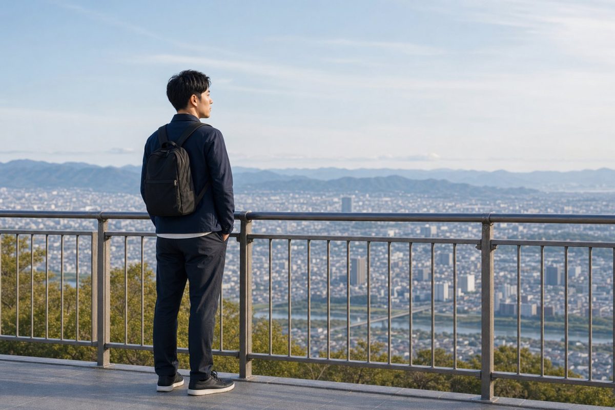 展望台から景色を眺める男性の後ろ姿