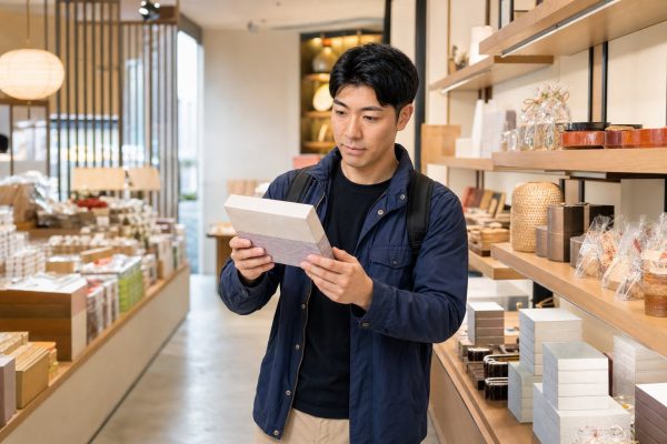 土産物店でお土産を選ぶ男性