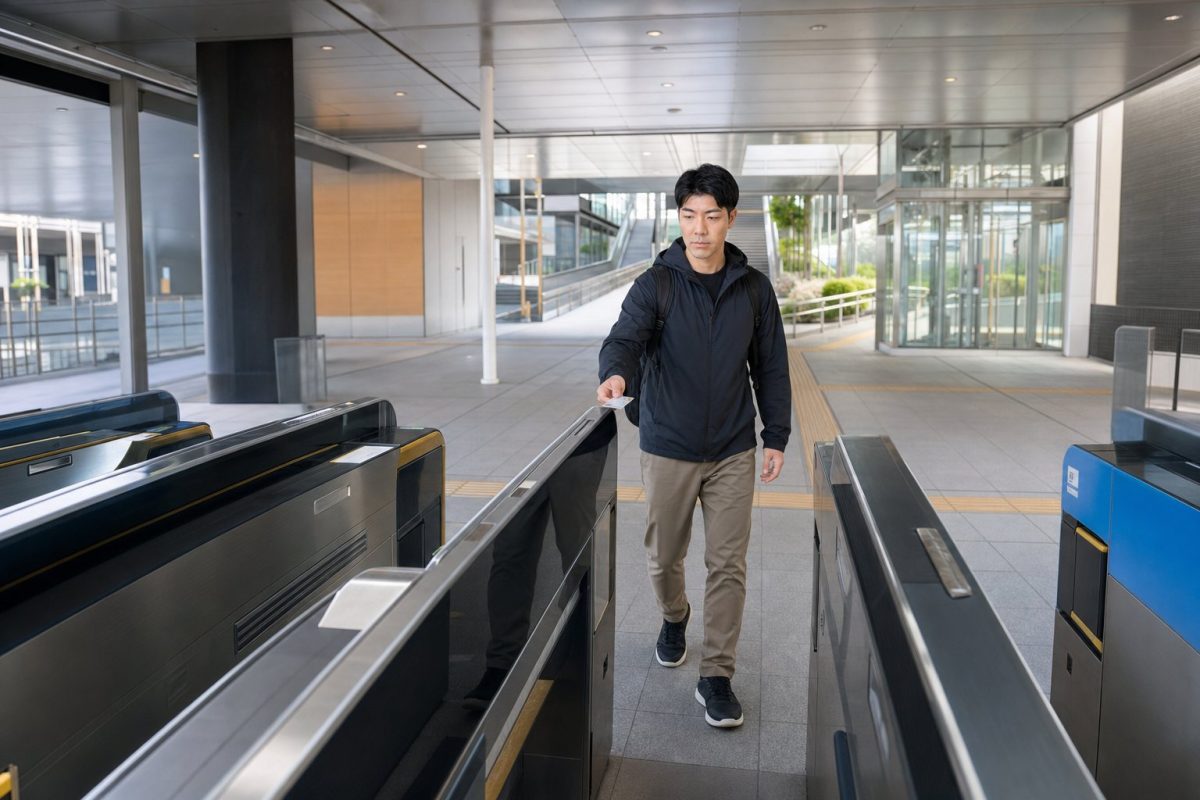 駅の改札をICカードで通る男性