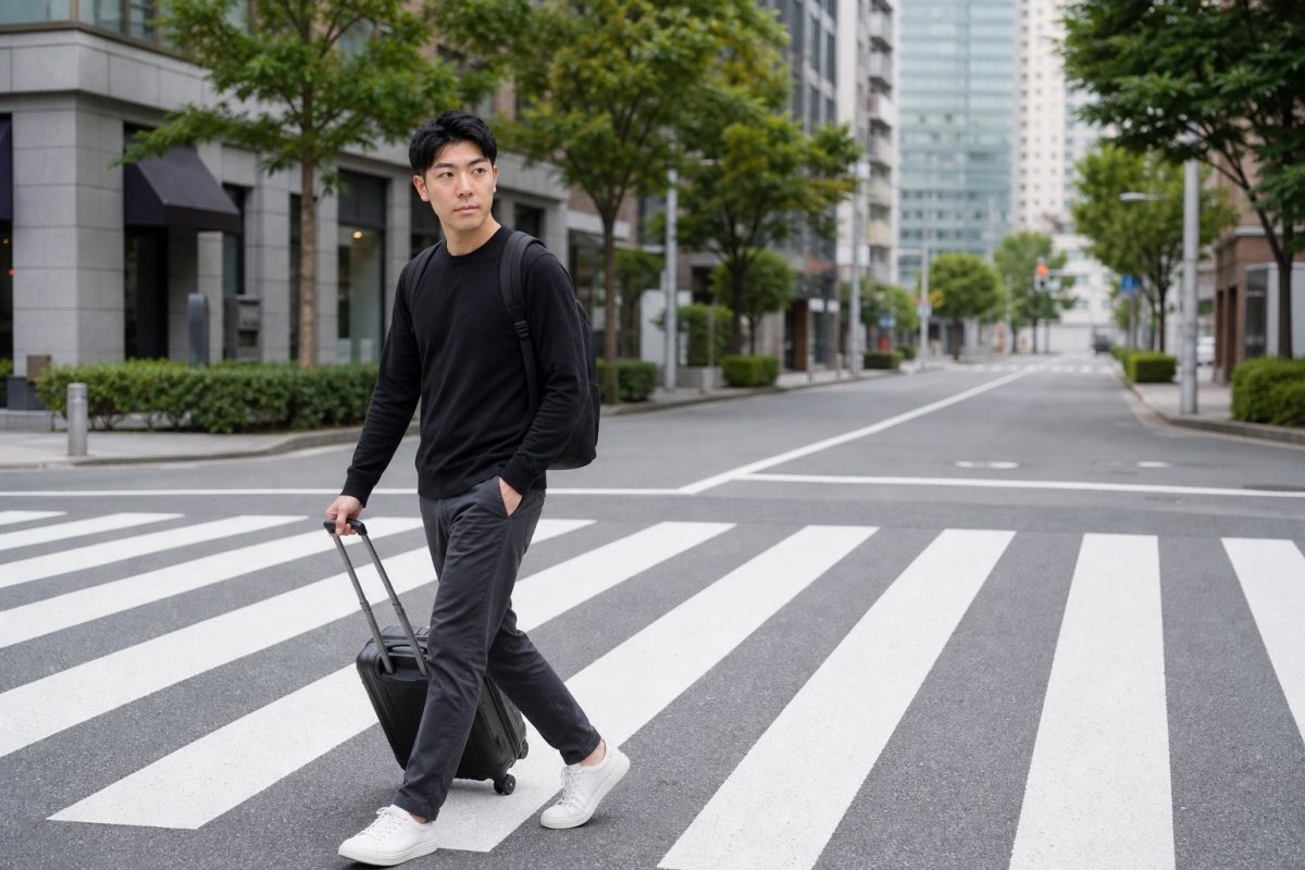 スーツケースを引いて横断歩道を渡る男性