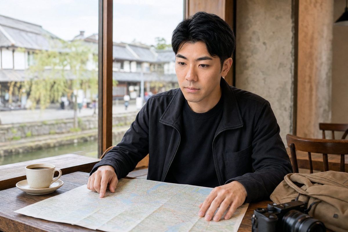 カフェで地図を広げて旅の計画を立てる男性