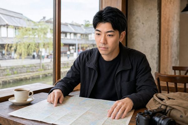 カフェで地図を広げて旅の計画を立てる男性