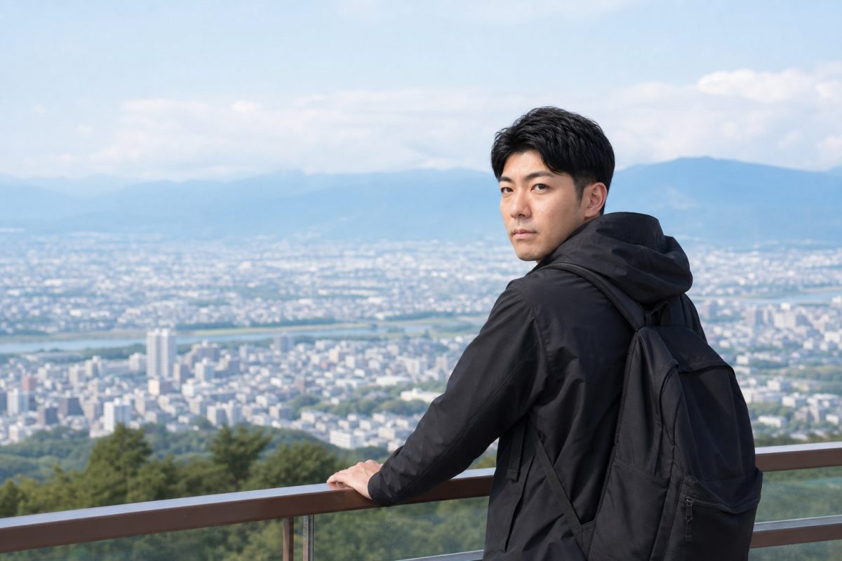展望デッキから景色を望む男性