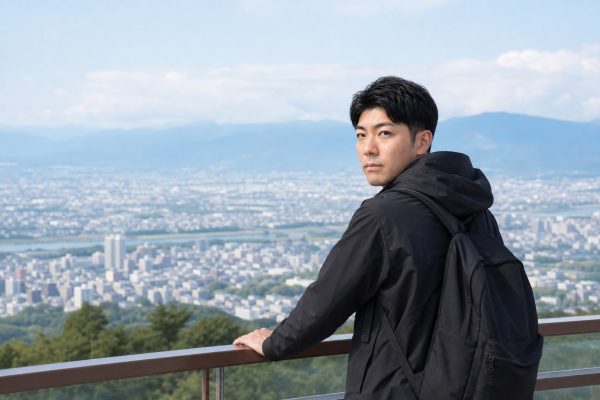 展望デッキから景色を望む男性