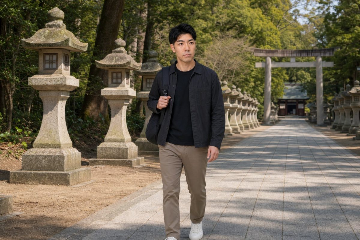 神社の参道を歩く男性