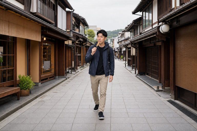 商店街で食べ歩きする男性