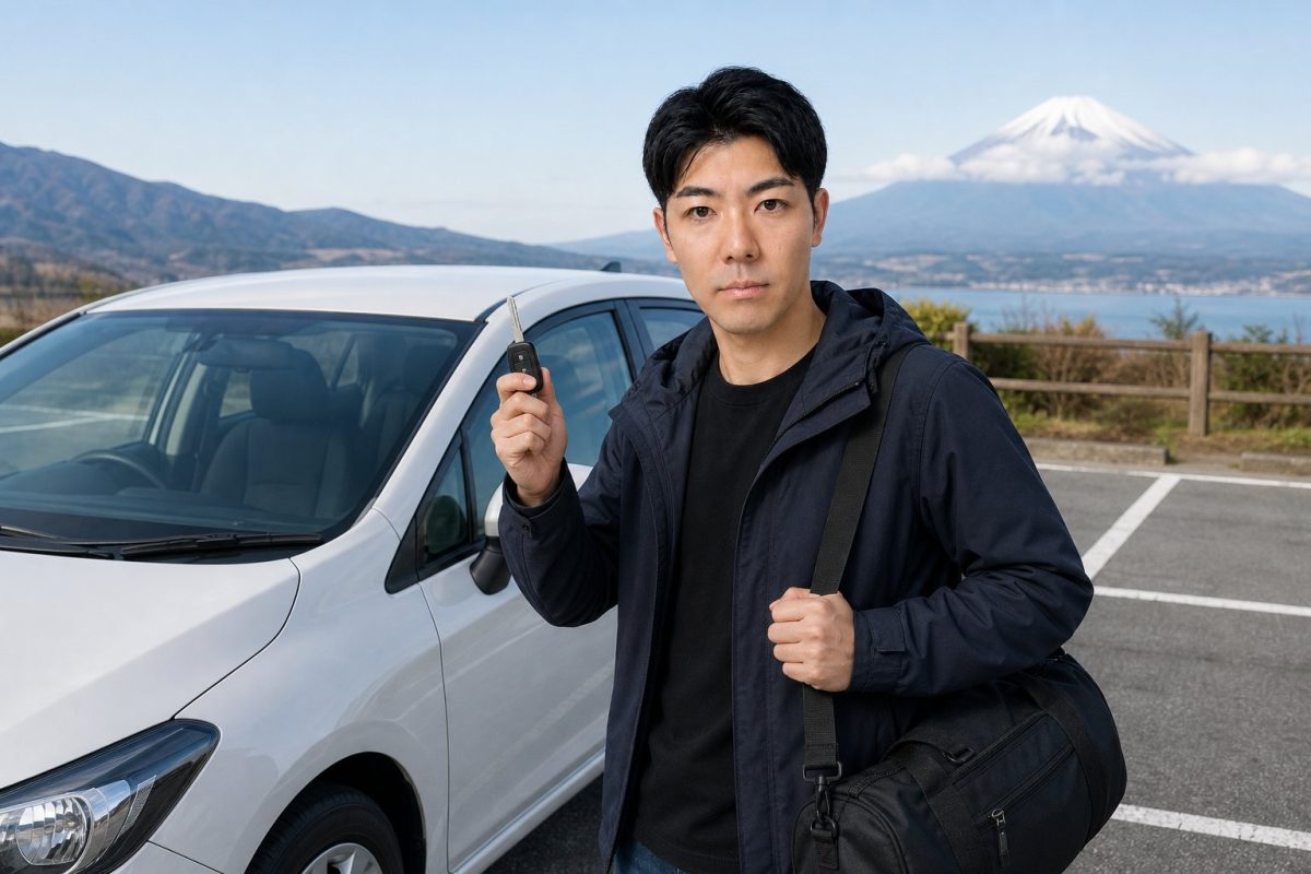 レンタカーの鍵を手にする男性