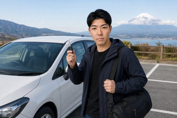 レンタカーの鍵を手にする男性