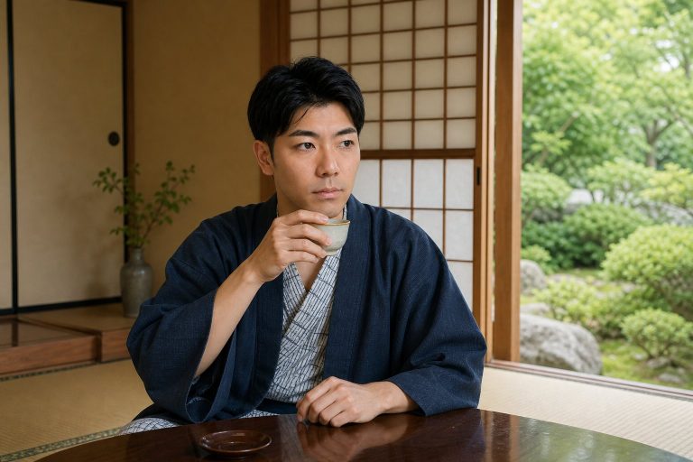 旅館でお茶を飲む男性