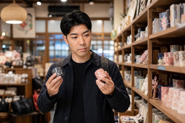 お土産選びに迷う男性