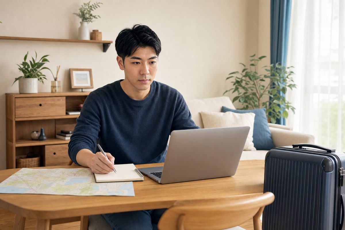 旅行前にPCで旅程を立てる男性