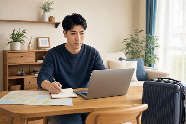 旅行前にPCで旅程を立てる男性