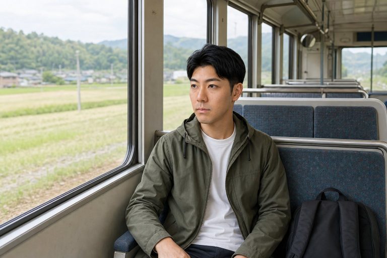 ローカル線の車窓を眺める男性