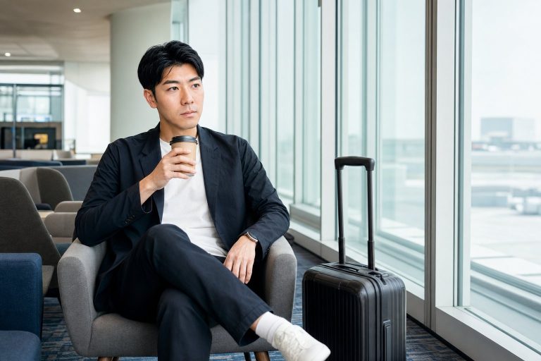 空港ラウンジでコーヒーを飲みながら待つ男性