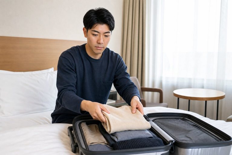 ホテルでスーツケースの荷解きをする男性