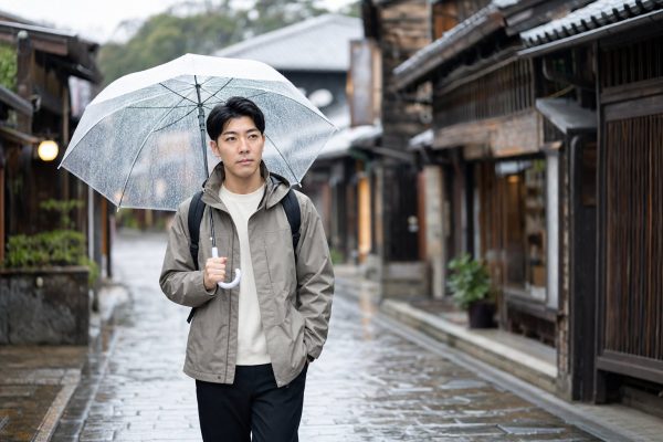 雨の古い街並みを傘で歩く男性