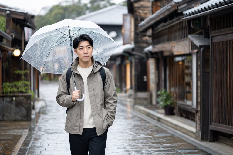 雨の古い街並みを傘で歩く男性