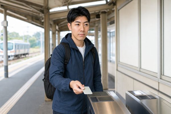 ローカル駅でICカードをかざす男性