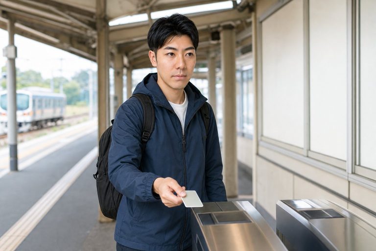 ローカル駅でICカードをかざす男性
