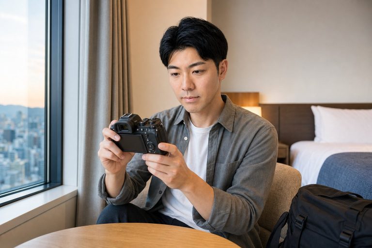 ホテルでカメラの写真を見返す男性