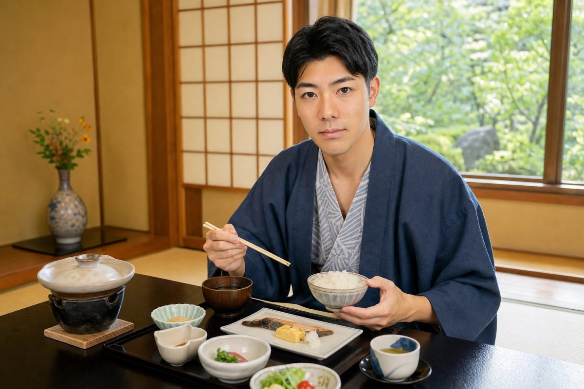 旅館の朝食を味わう男性