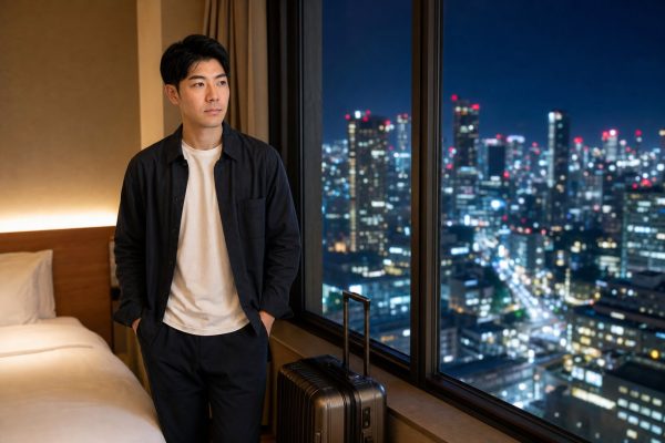 ホテルから夜景を眺める男性