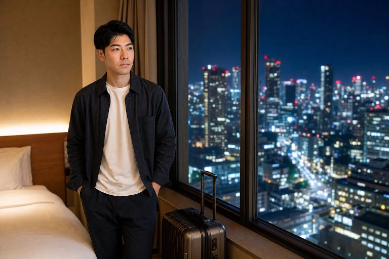 ホテルから夜景を眺める男性