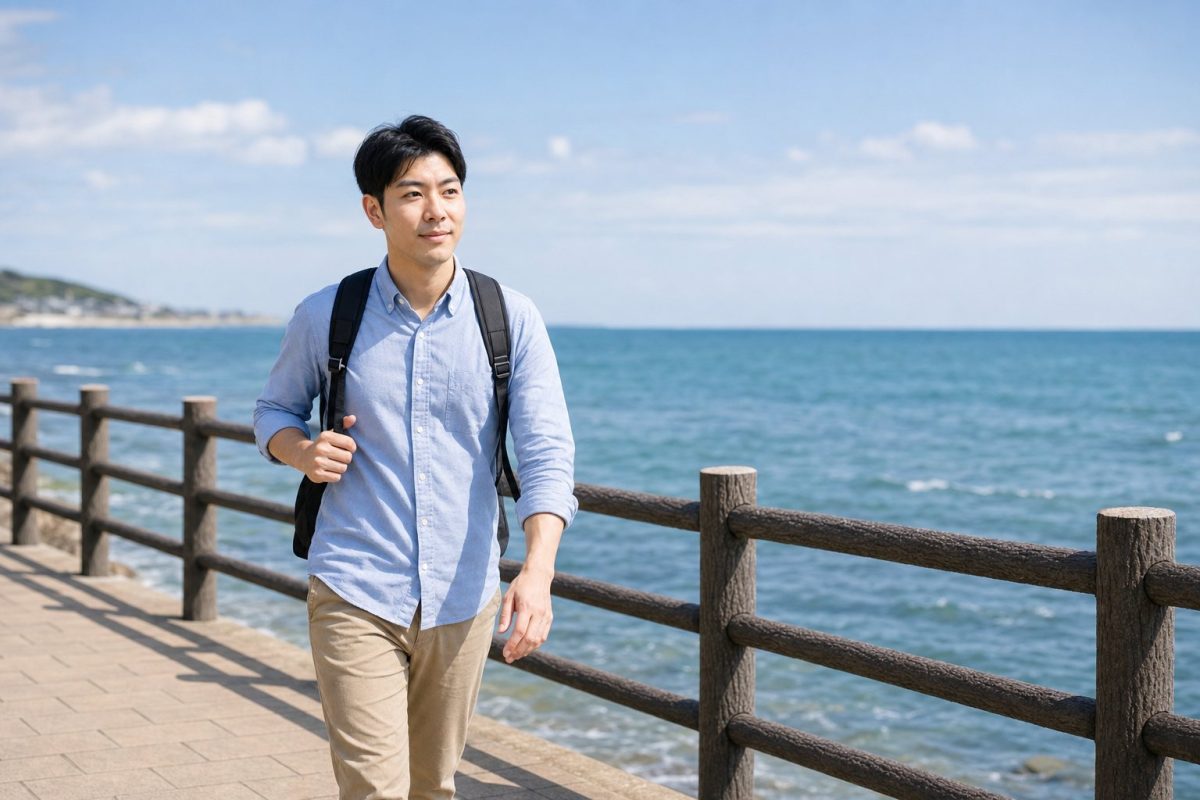 海辺の遊歩道を歩く男性