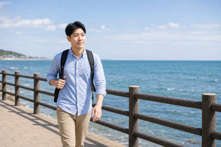 海辺の遊歩道を歩く男性