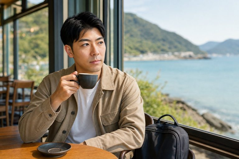 絶景カフェでコーヒーブレイクする男性