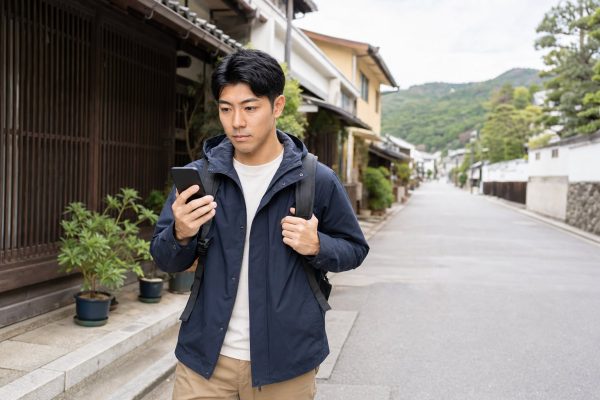 旅先の街でスマホの地図を見る男性