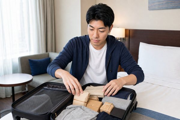 お土産をスーツケースに詰める男性